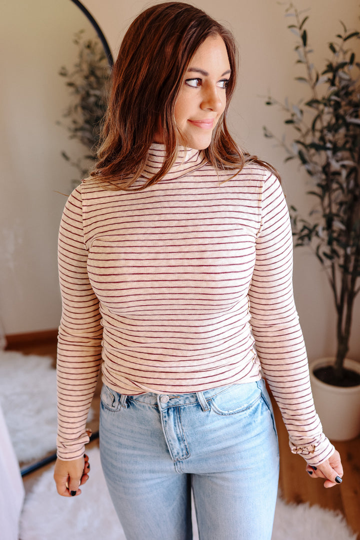 Talia Stripe Turtleneck Long Sleeve - Burgundy