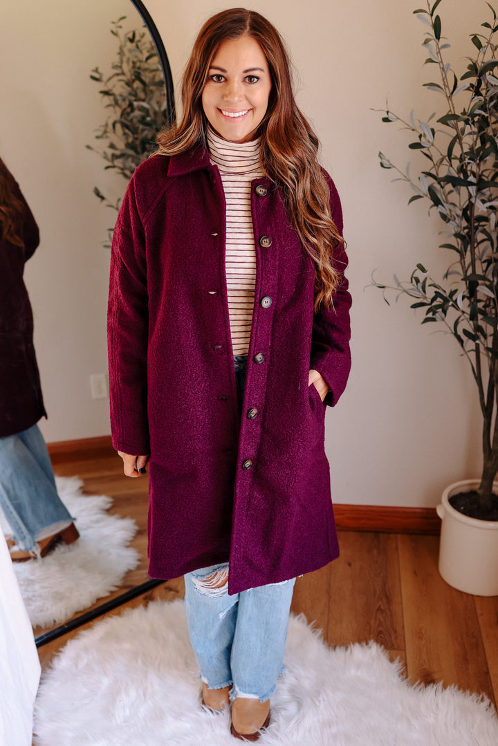 Teddy Textured Button Down Coat - Plum