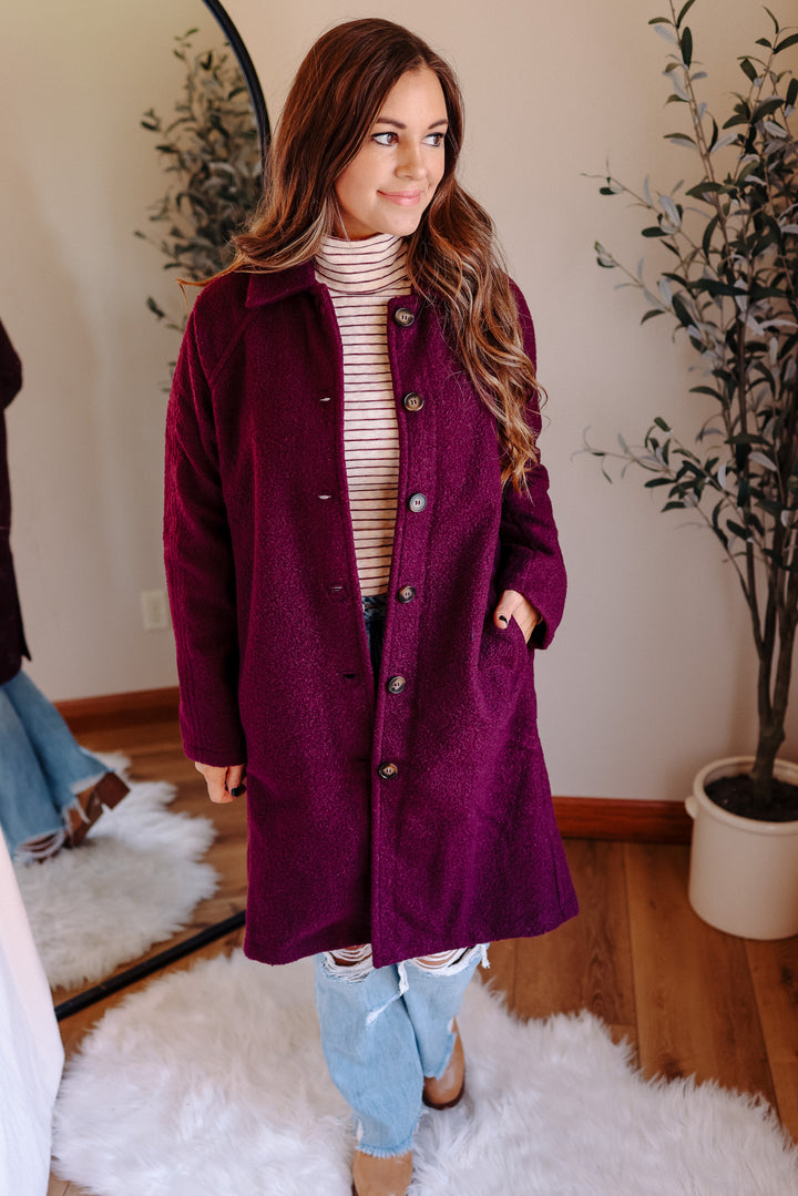 Teddy Textured Button Down Coat - Plum
