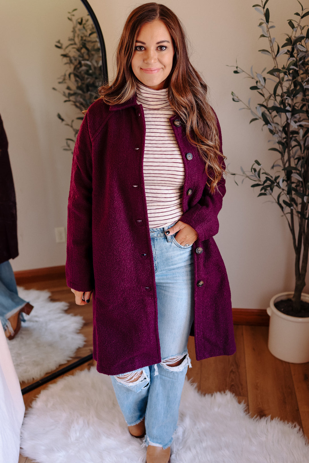 Teddy Textured Button Down Coat - Plum