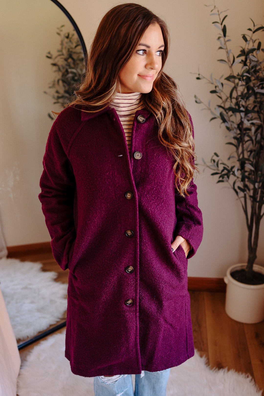Teddy Textured Button Down Coat - Plum