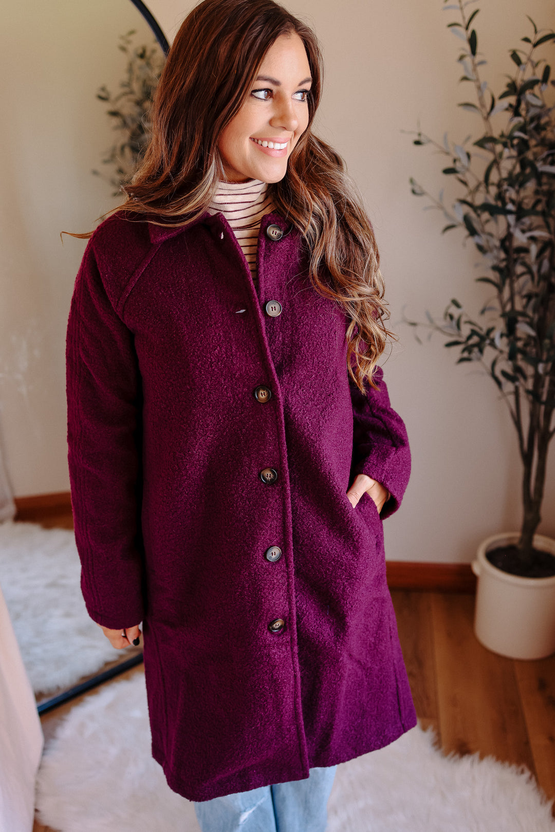 Teddy Textured Button Down Coat - Plum