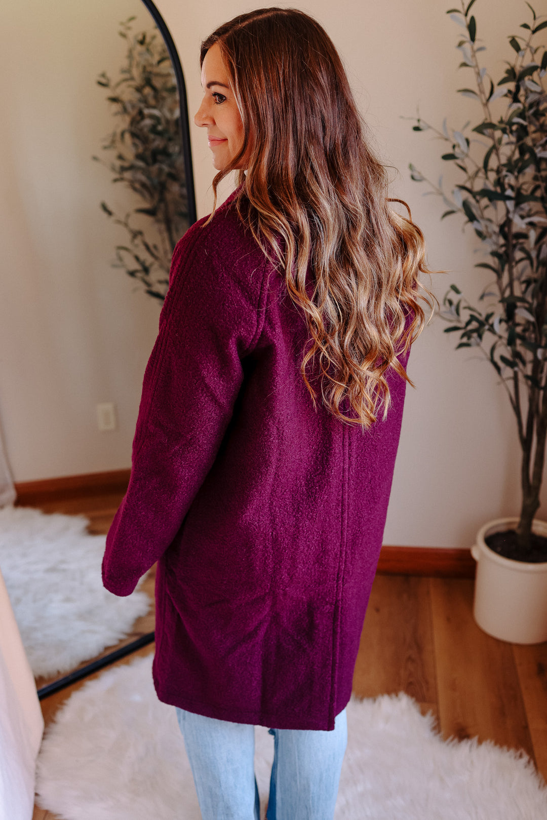 Teddy Textured Button Down Coat - Plum