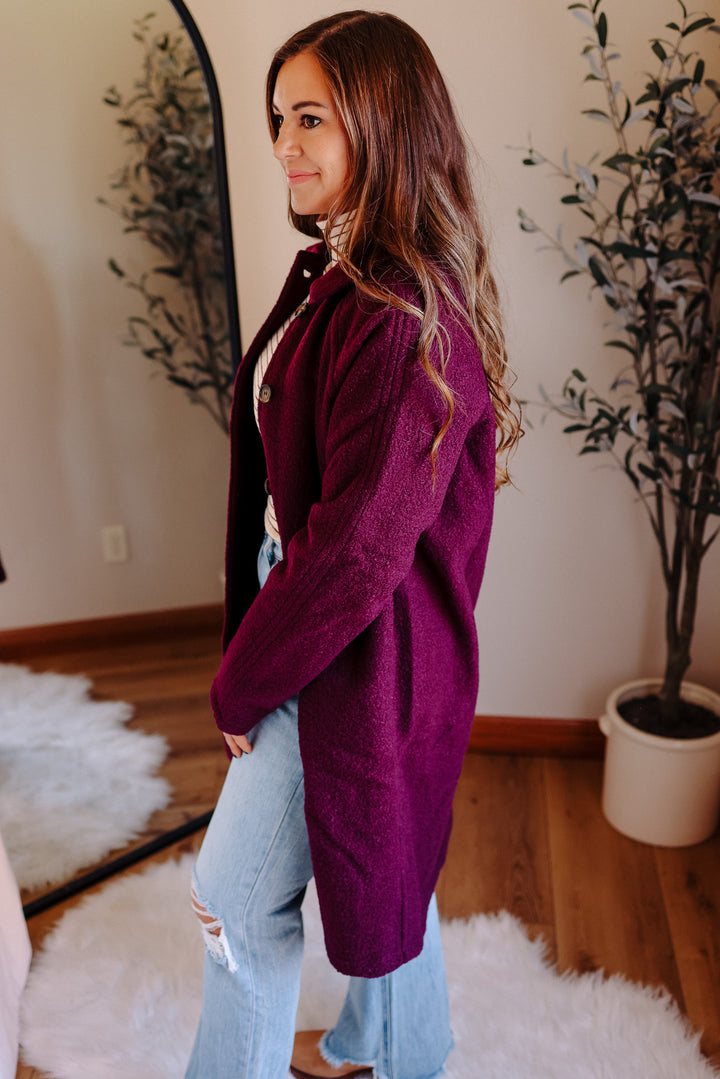 Teddy Textured Button Down Coat - Plum