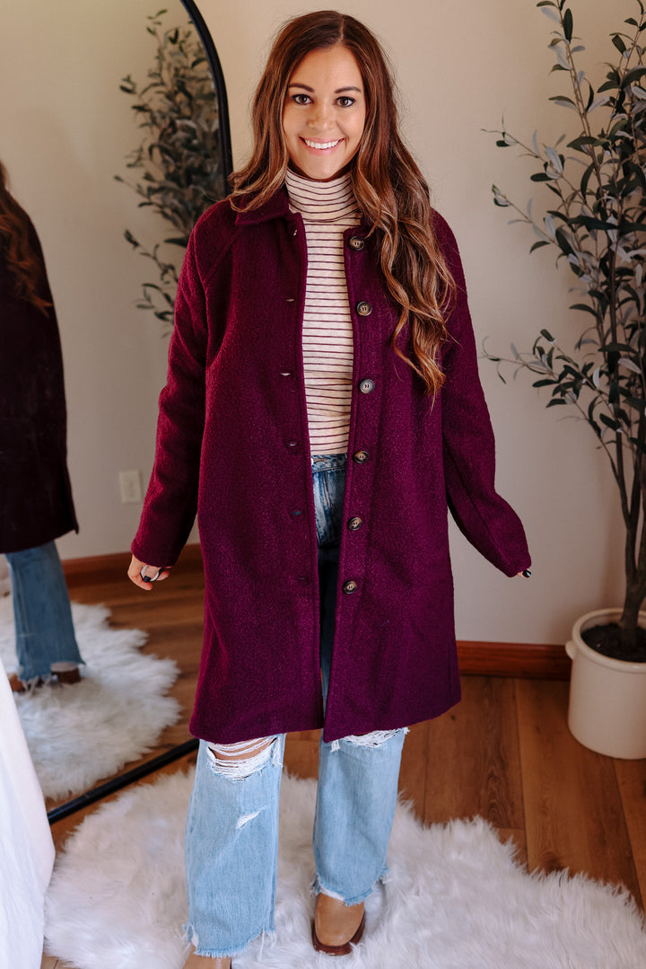 Teddy Textured Button Down Coat - Plum