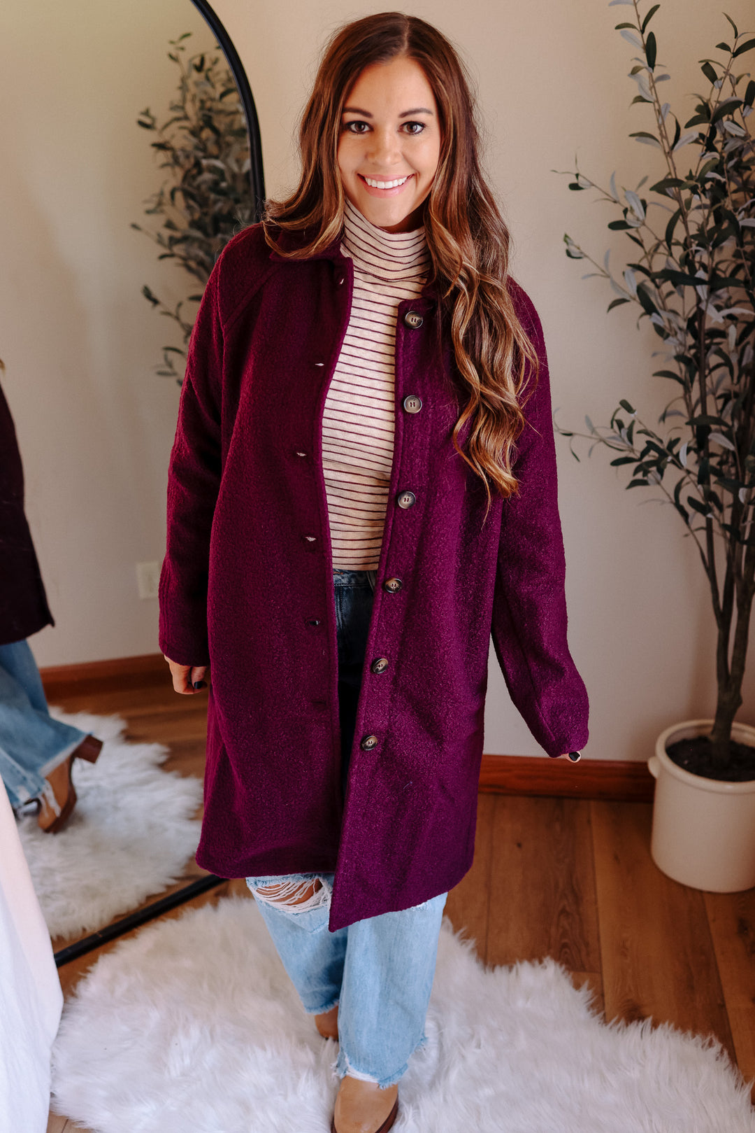 Teddy Textured Button Down Coat - Plum