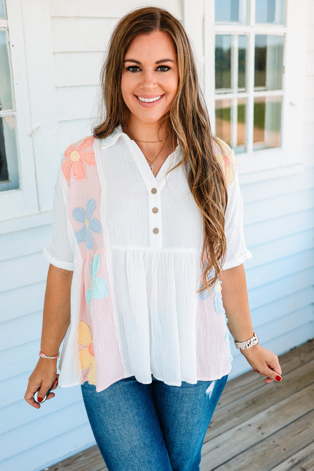 Chey Daisy Patchwork Cotton Gauze Top