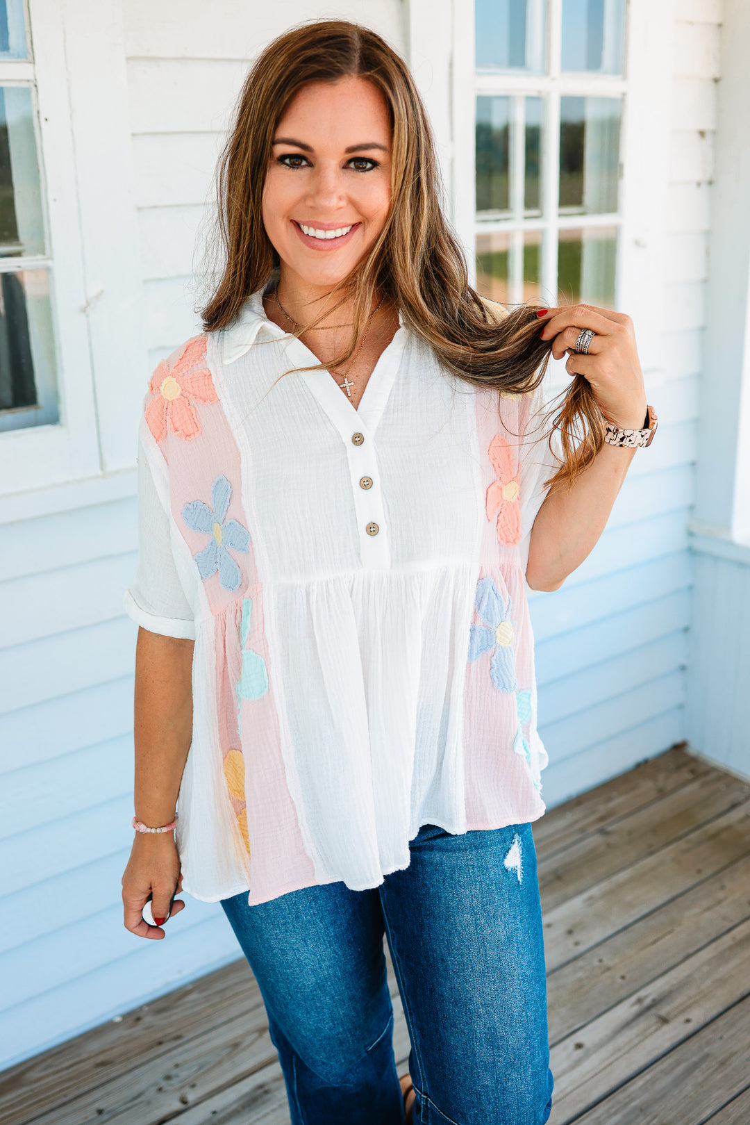 Chey Daisy Patchwork Cotton Gauze Top