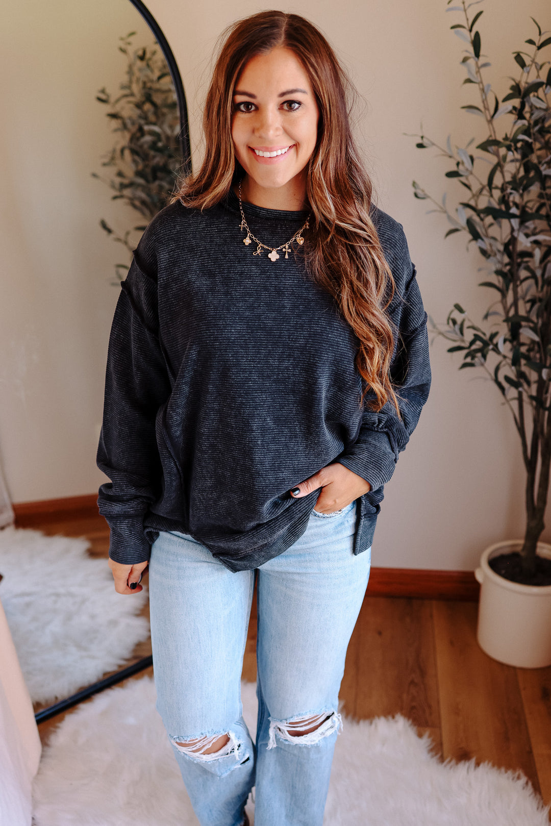 Hattie Double Ribbed Pullover - Black