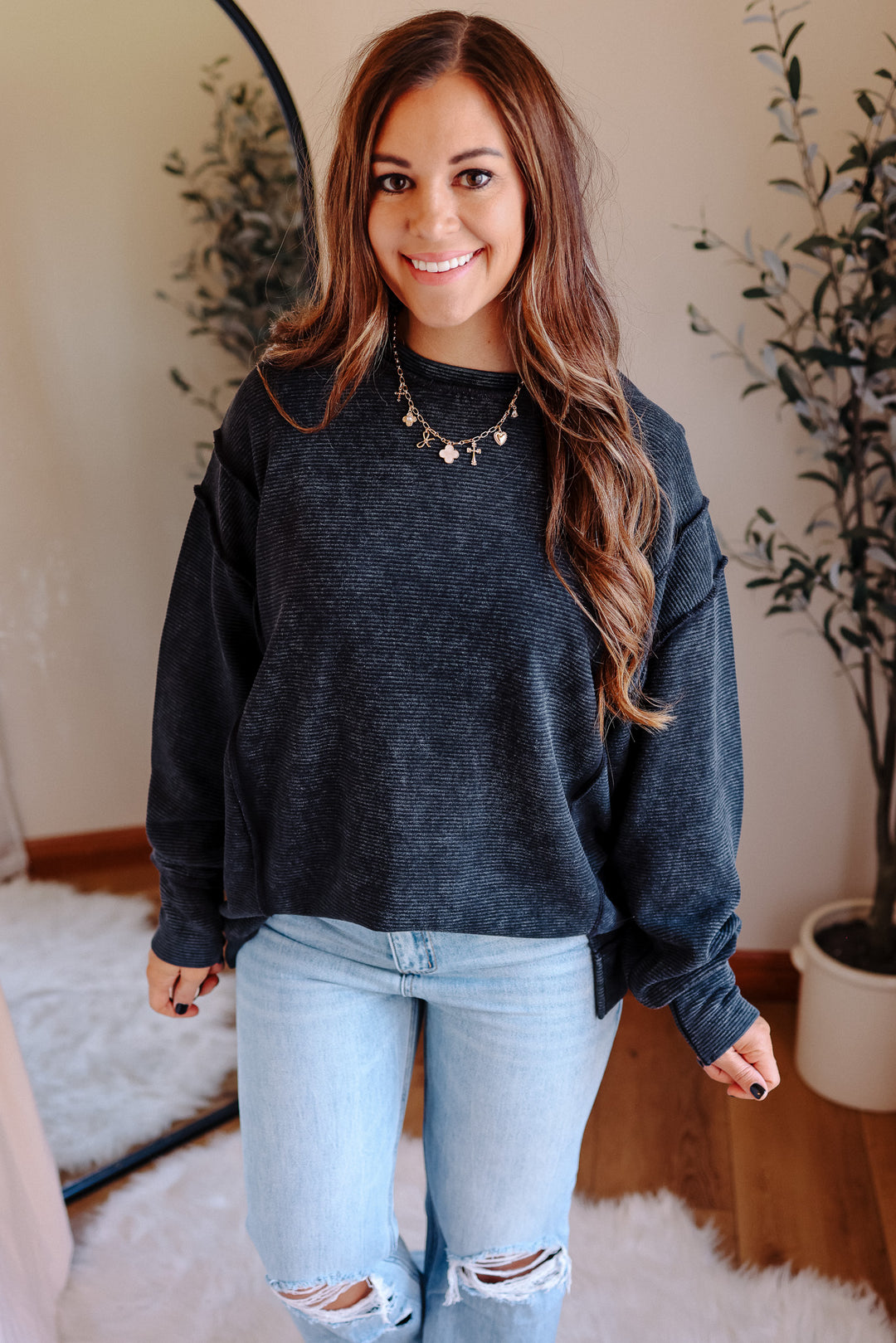 Hattie Double Ribbed Pullover - Black