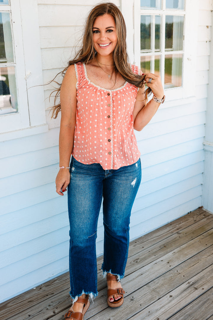 Elena Lace Trim Button Down Tank
