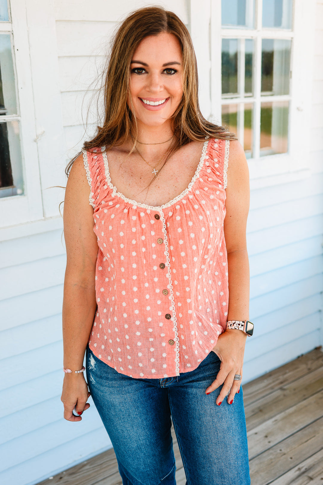Elena Lace Trim Button Down Tank