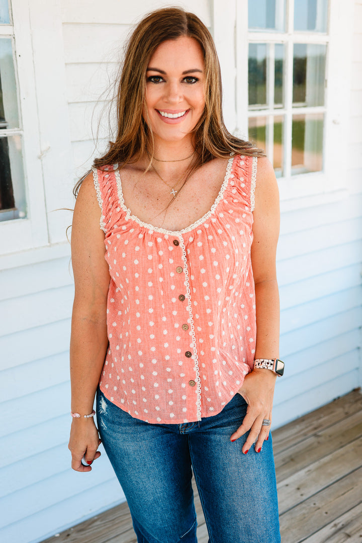 Elena Lace Trim Button Down Tank