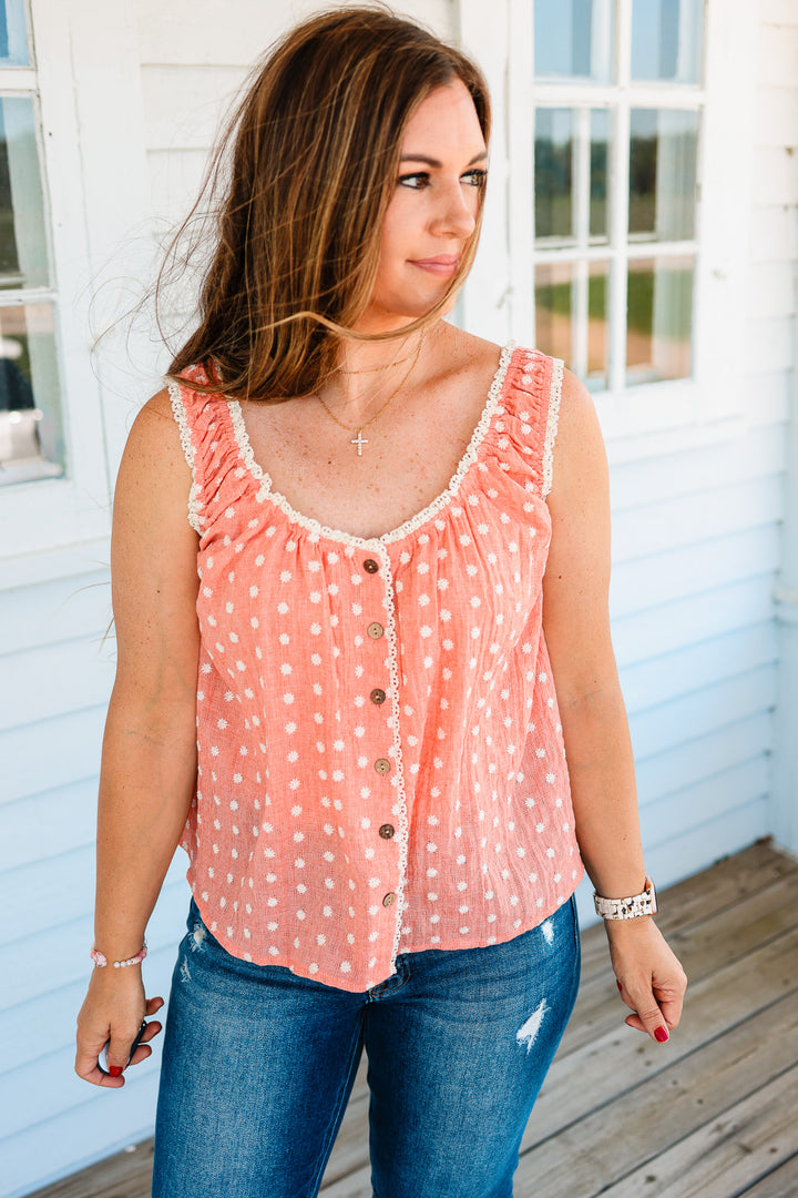 Elena Lace Trim Button Down Tank