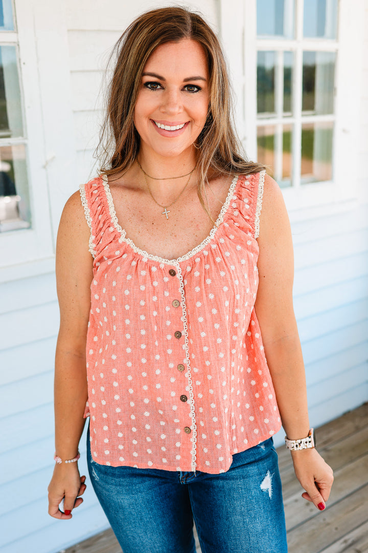 Elena Lace Trim Button Down Tank