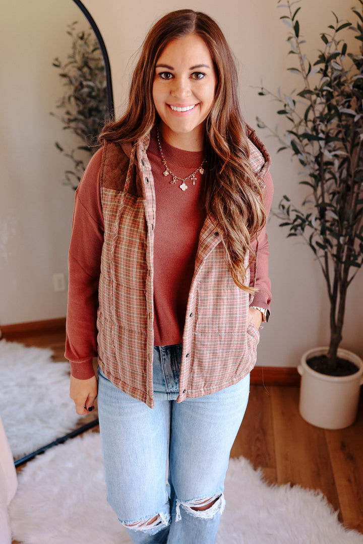 Trisha Corduroy Plaid Vest - Salmon