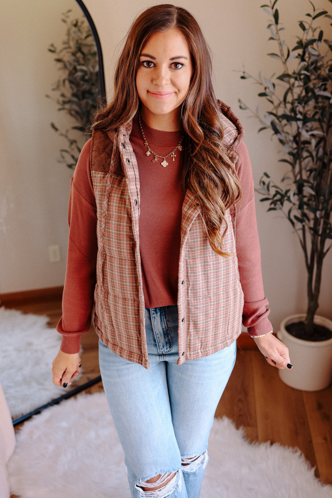 Trisha Corduroy Plaid Vest - Salmon