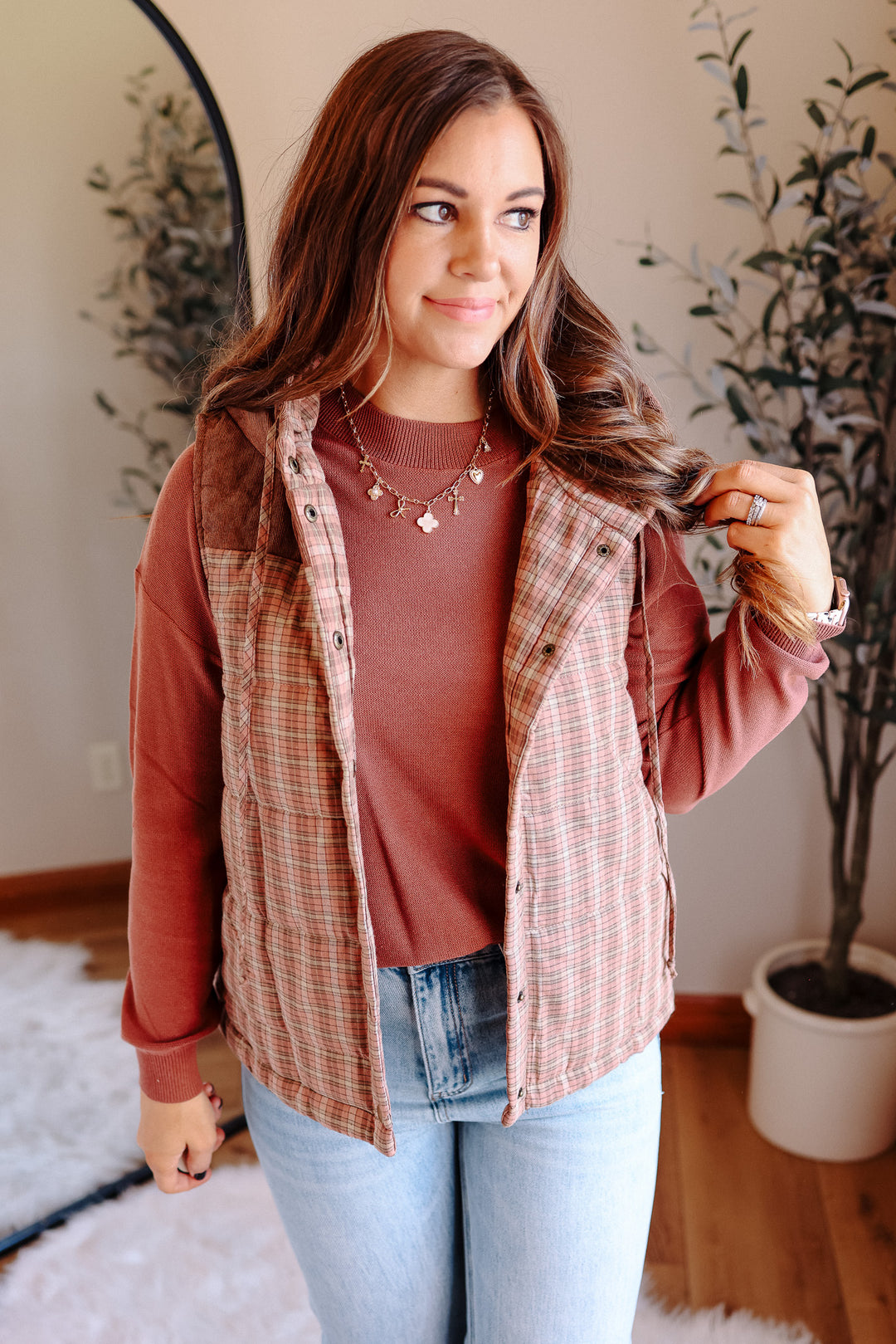 Trisha Corduroy Plaid Vest - Salmon