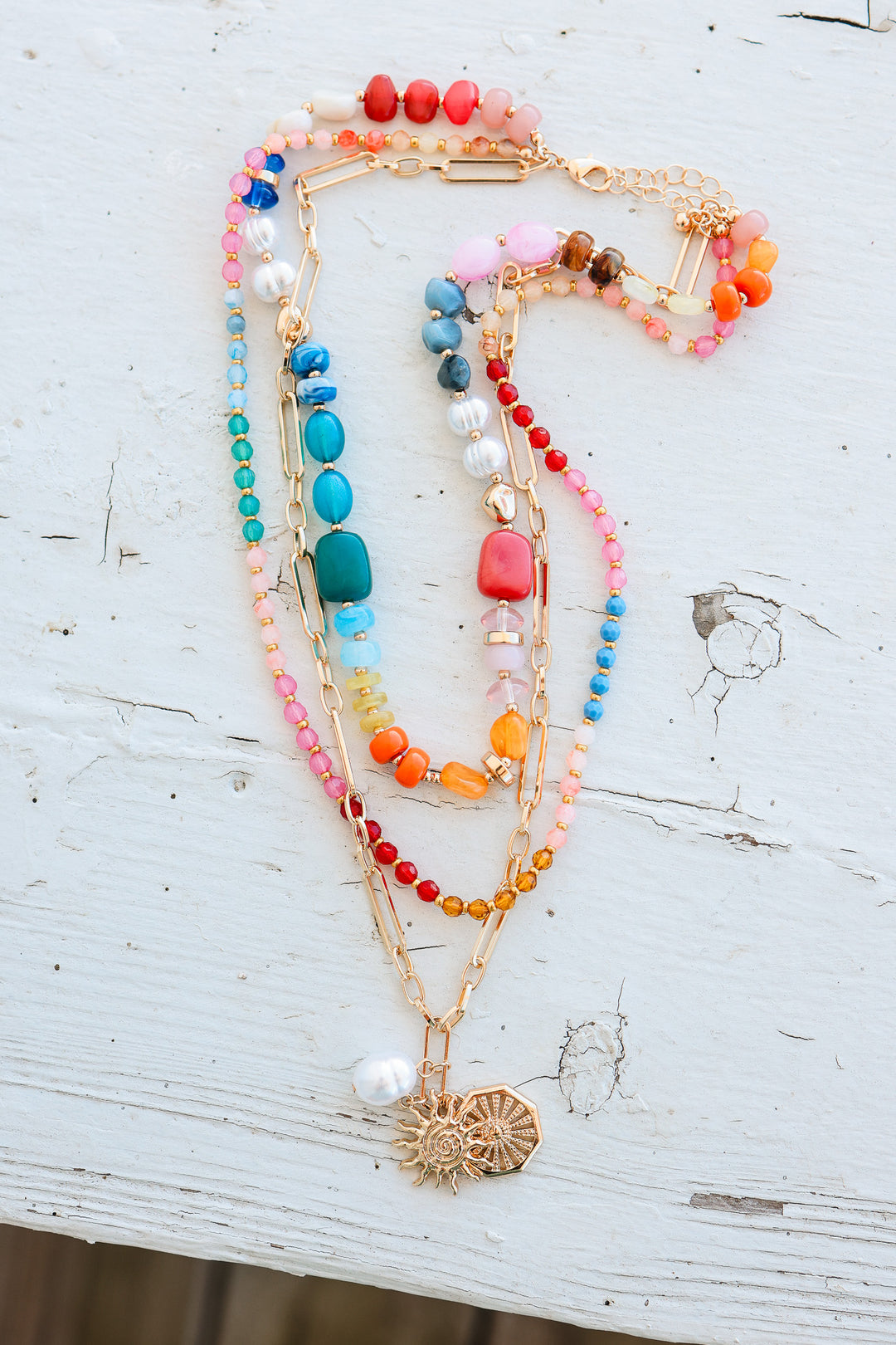 Sun and Pearl Charms  Layered Beaded Necklace - Multi Colored