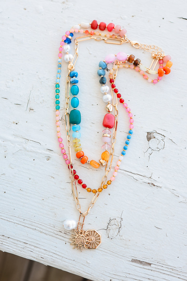 Sun and Pearl Charms  Layered Beaded Necklace - Multi Colored