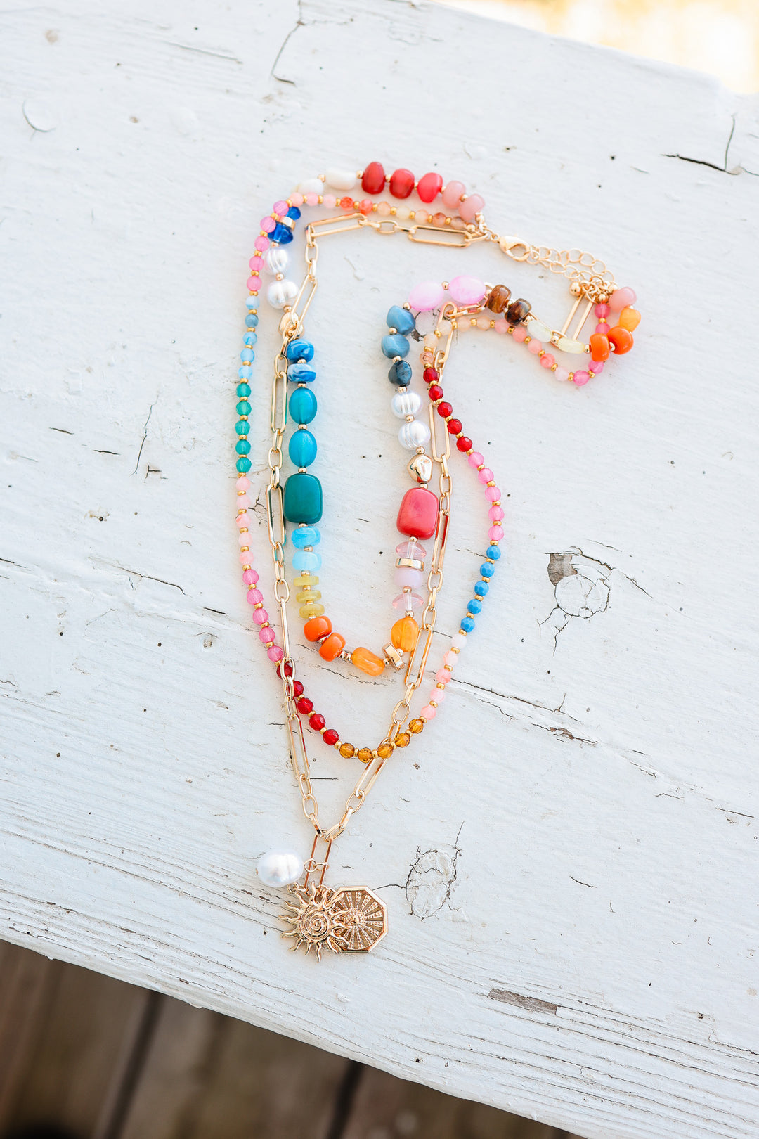Sun and Pearl Charms  Layered Beaded Necklace - Multi Colored