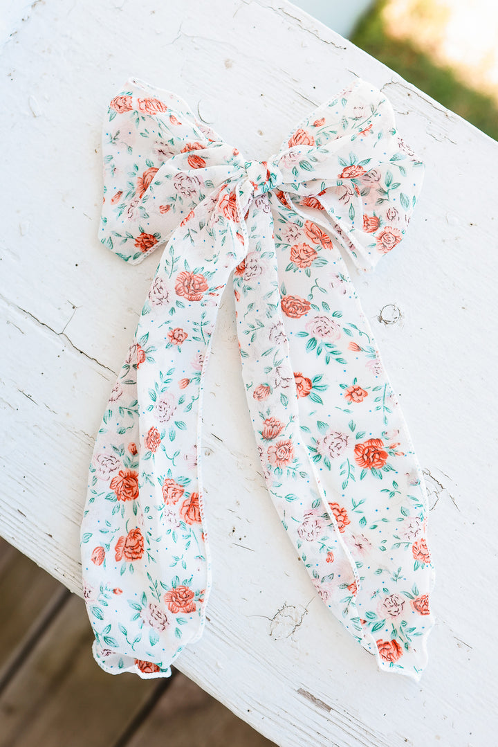 Floral Organza Bow Ribbon Hair Clip - Off White