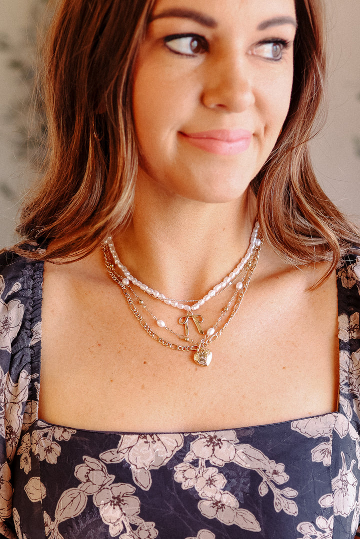 Bow Pearl Heart Pendant Layered Necklace