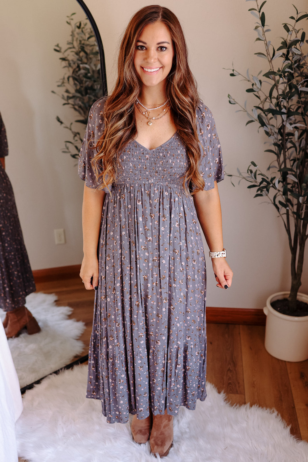 Ditsy Flutter Sleeve  Maxi Dress