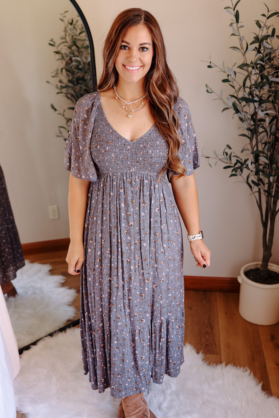 Ditsy Flutter Sleeve  Maxi Dress