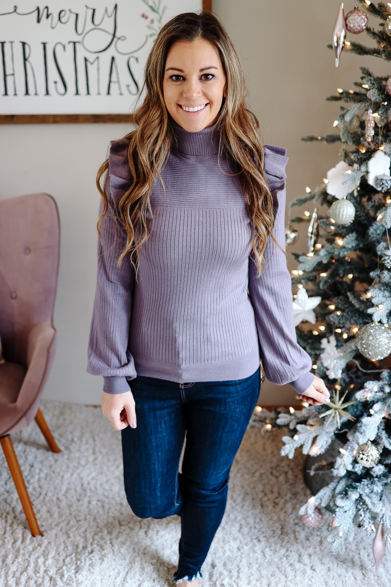 Vera Ruffled Shoulder Sweater - Crushed Grape