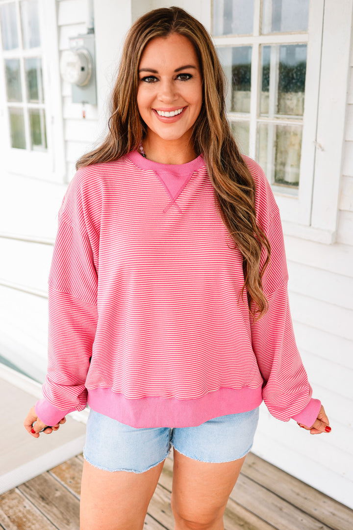 Nixie Striped Drop Shoulder Sweatshirt - Pink/Natural