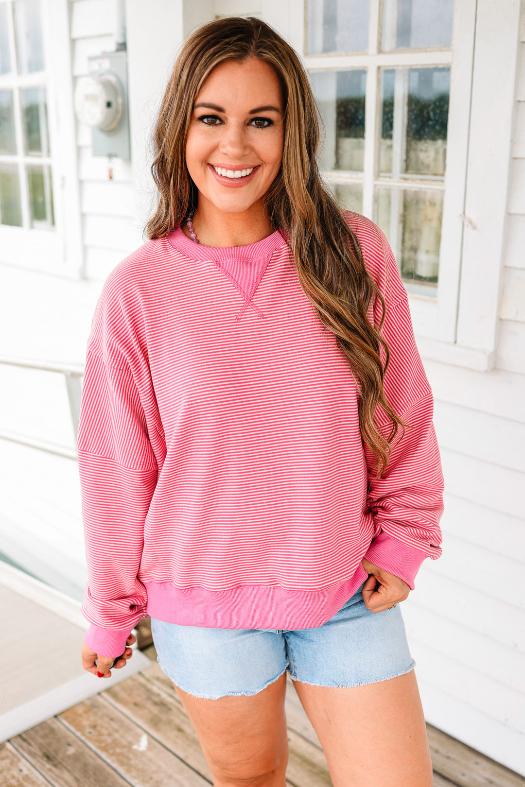 Nixie Striped Drop Shoulder Sweatshirt - Pink/Natural
