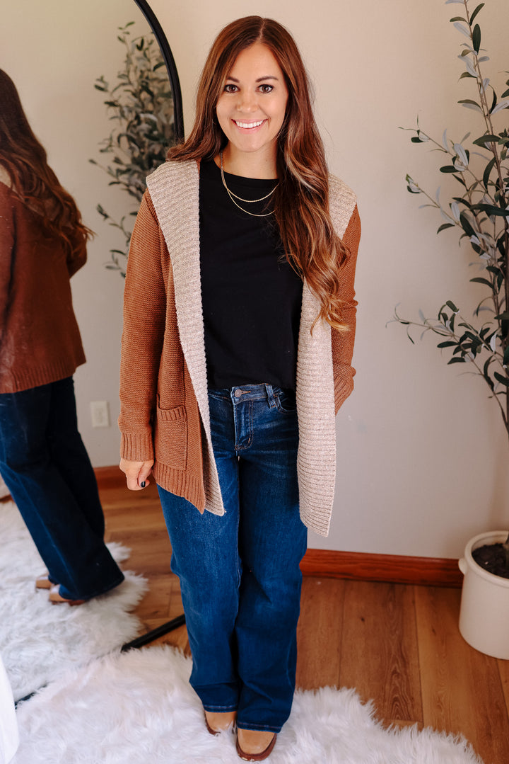 Hailey Contrasted Hoodie Cardigan - Camel