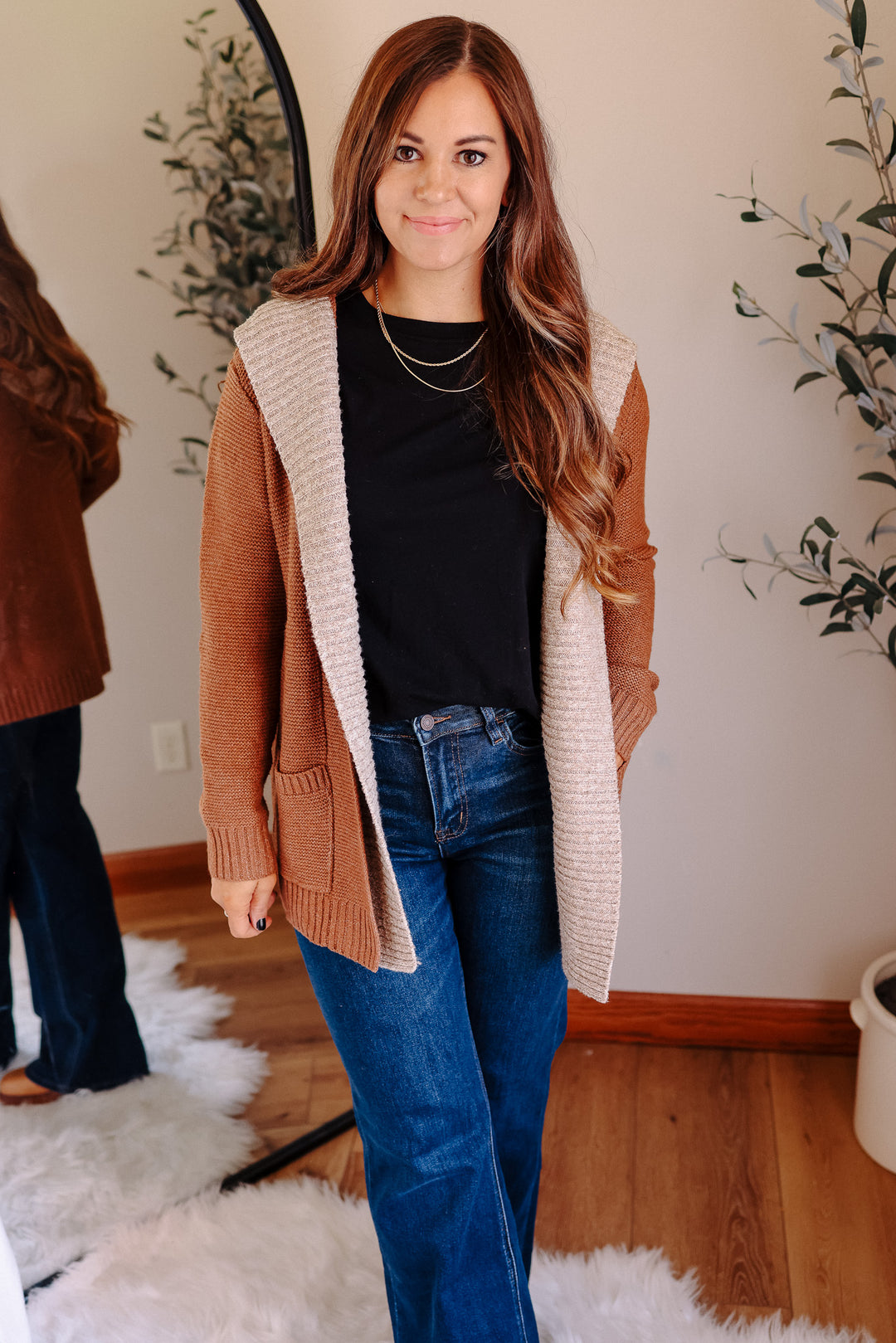 Hailey Contrasted Hoodie Cardigan - Camel