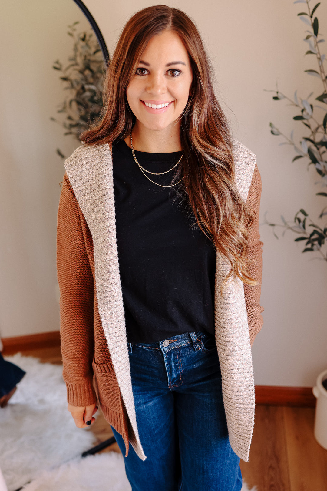 Hailey Contrasted Hoodie Cardigan - Camel