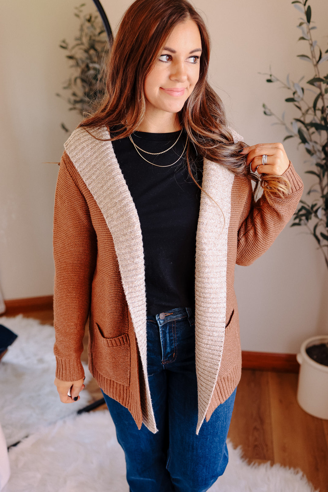 Hailey Contrasted Hoodie Cardigan - Camel