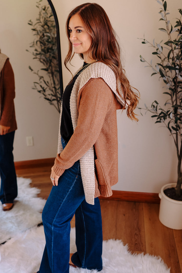 Hailey Contrasted Hoodie Cardigan - Camel