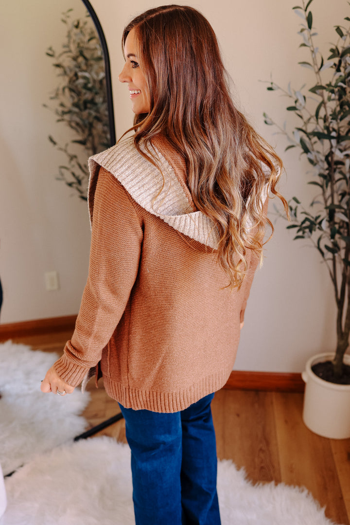 Hailey Contrasted Hoodie Cardigan - Camel