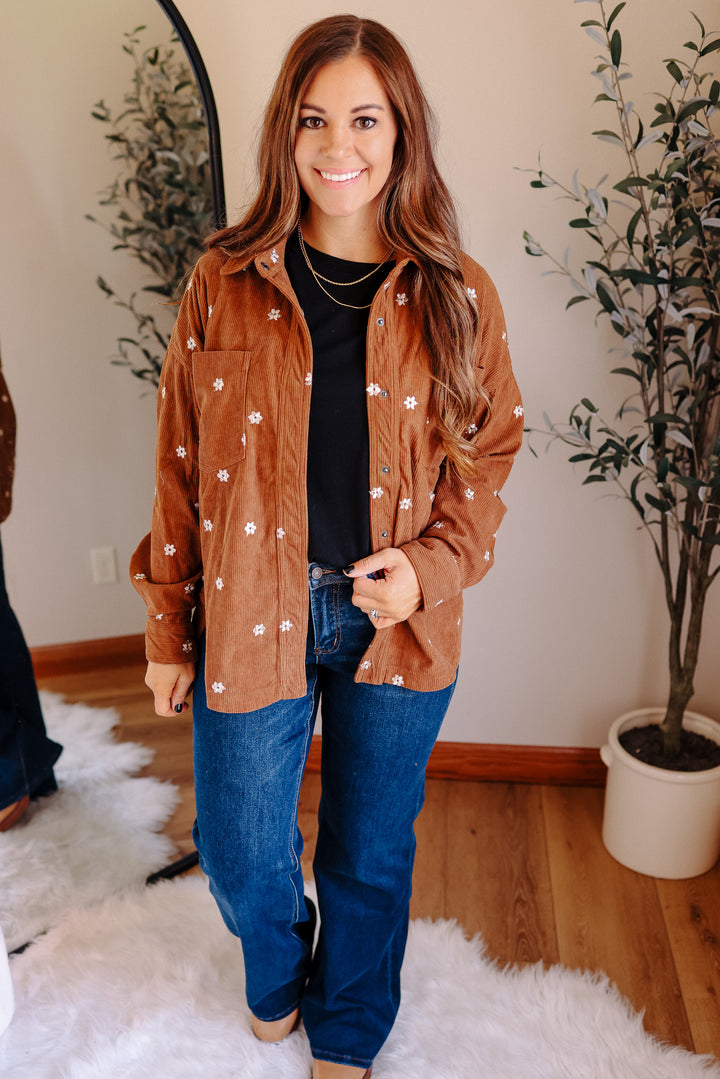 Blaire Floral Embroidered Corduroy Shirt - Brown