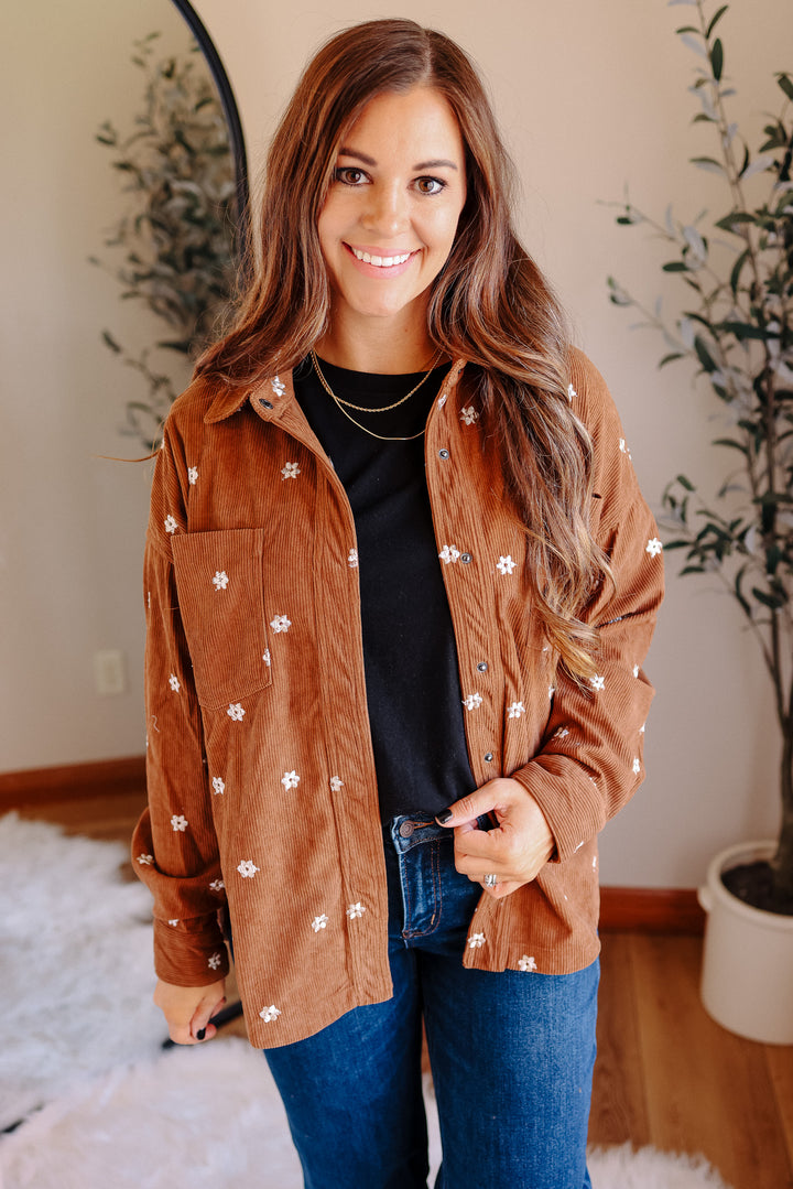 Blaire Floral Embroidered Corduroy Shirt - Brown