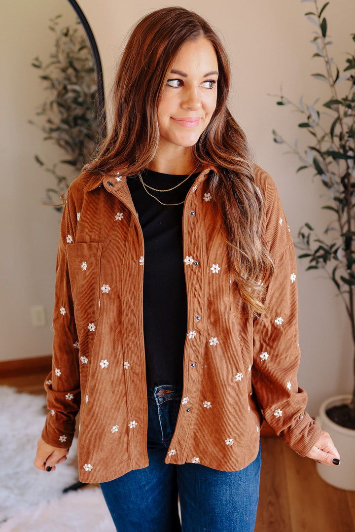 Blaire Floral Embroidered Corduroy Shirt - Brown