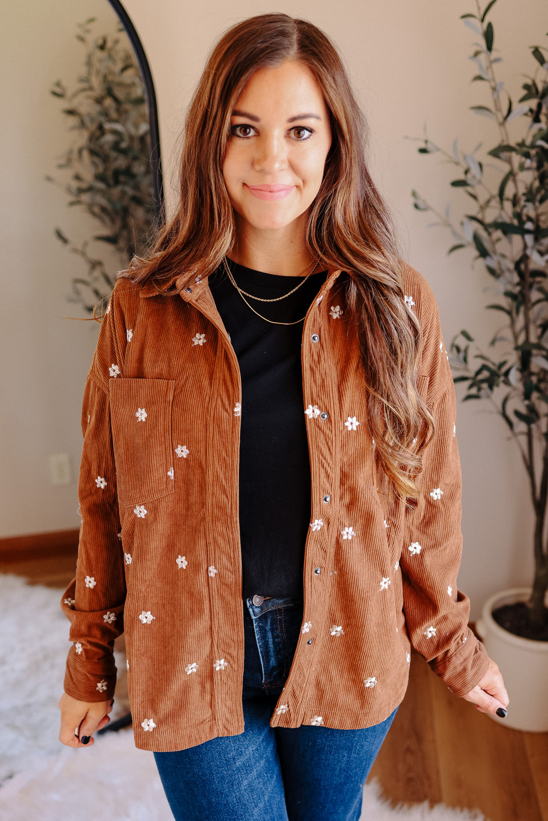 Blaire Floral Embroidered Corduroy Shirt - Brown