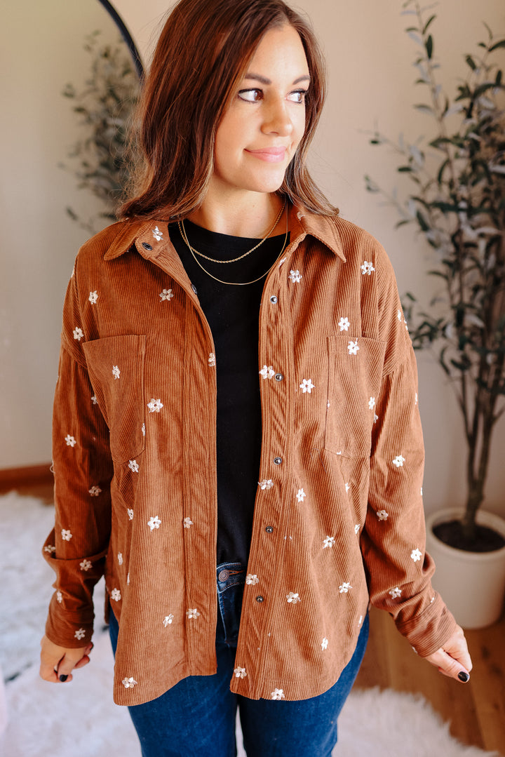 Blaire Floral Embroidered Corduroy Shirt - Brown