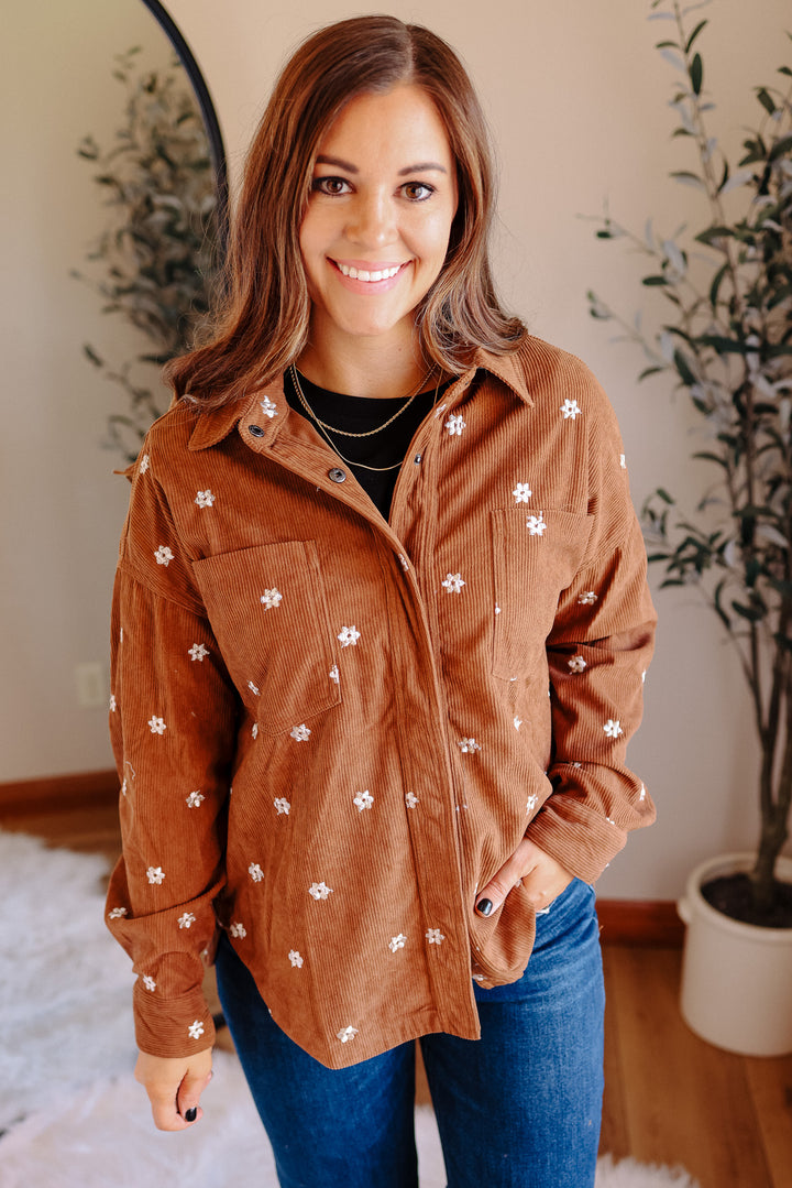 Blaire Floral Embroidered Corduroy Shirt - Brown
