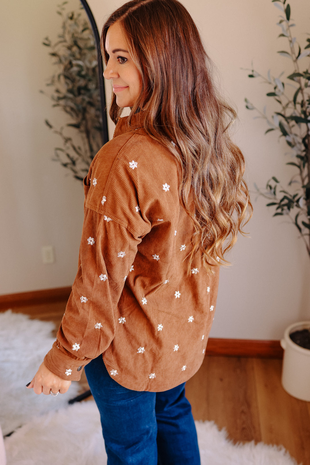 Blaire Floral Embroidered Corduroy Shirt - Brown