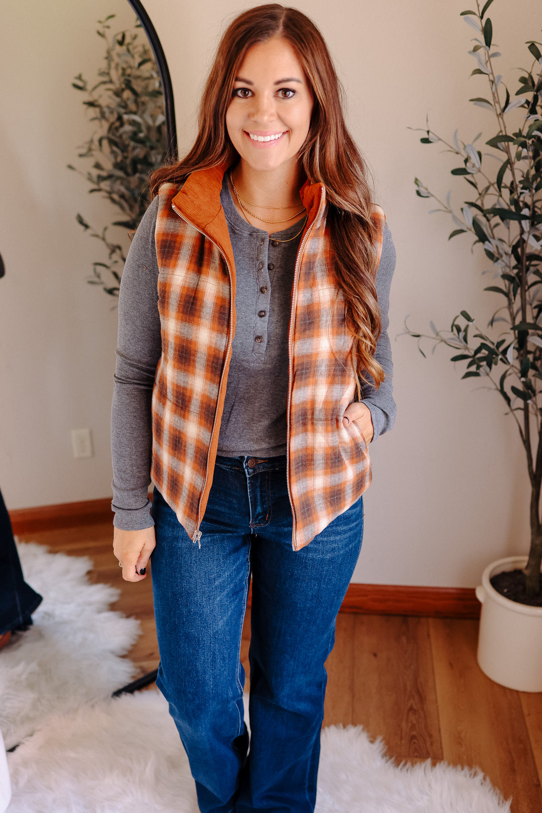 Essie Corduroy & Plaid Reversible Puffer Vest - Pumpkin