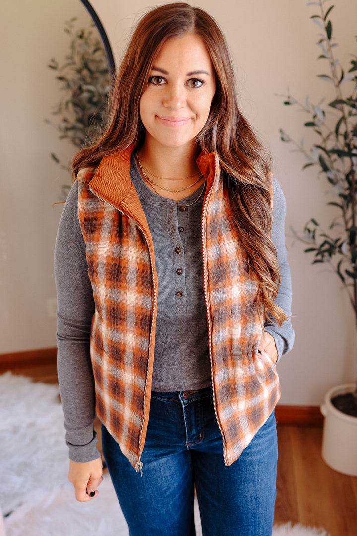 Essie Corduroy & Plaid Reversible Puffer Vest - Pumpkin
