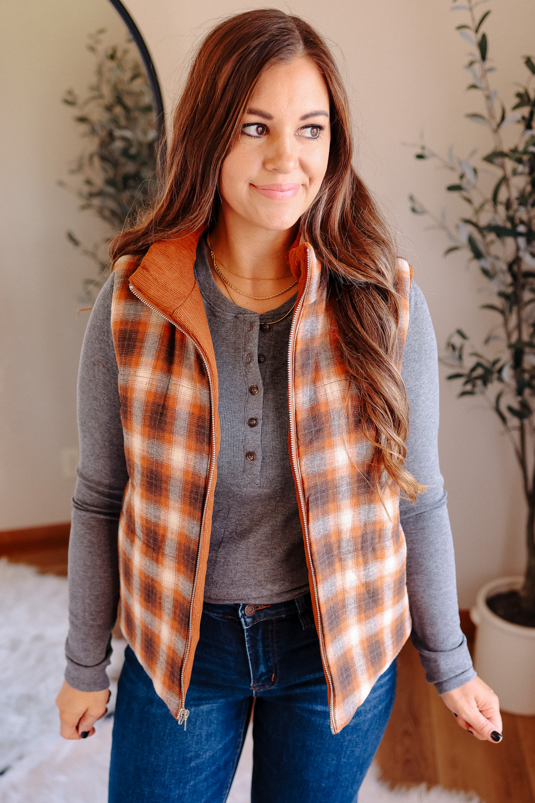 Essie Corduroy & Plaid Reversible Puffer Vest - Pumpkin