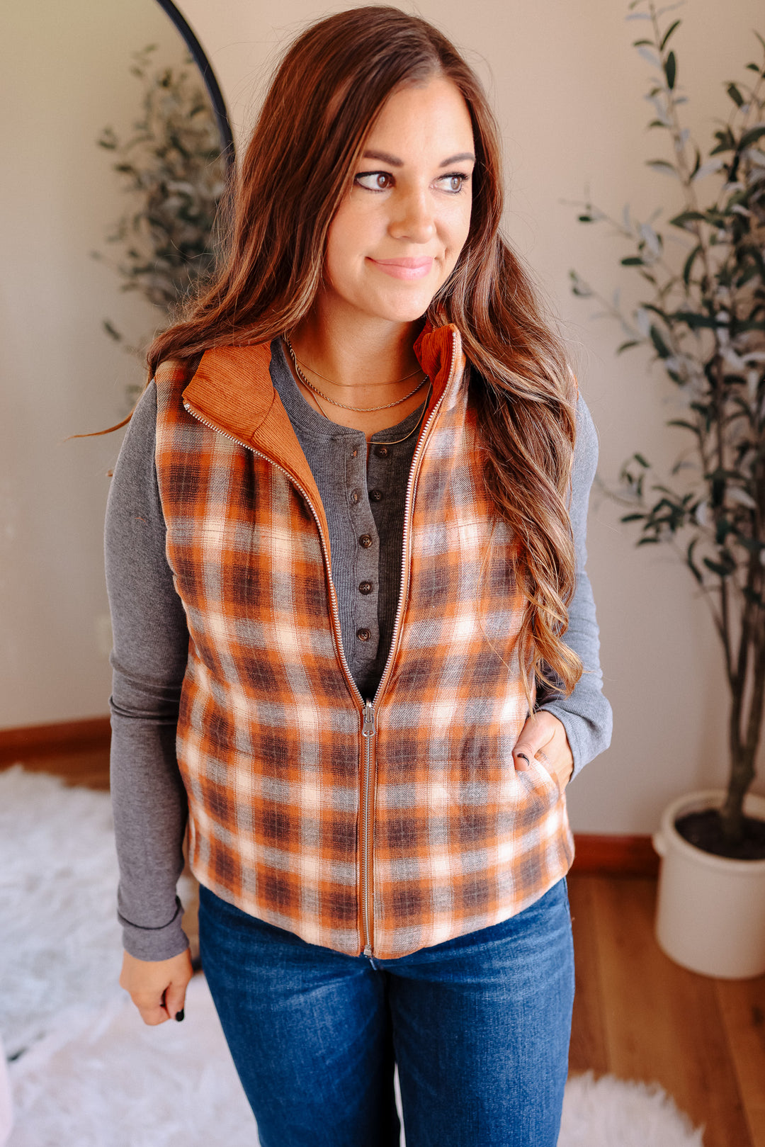 Essie Corduroy & Plaid Reversible Puffer Vest - Pumpkin