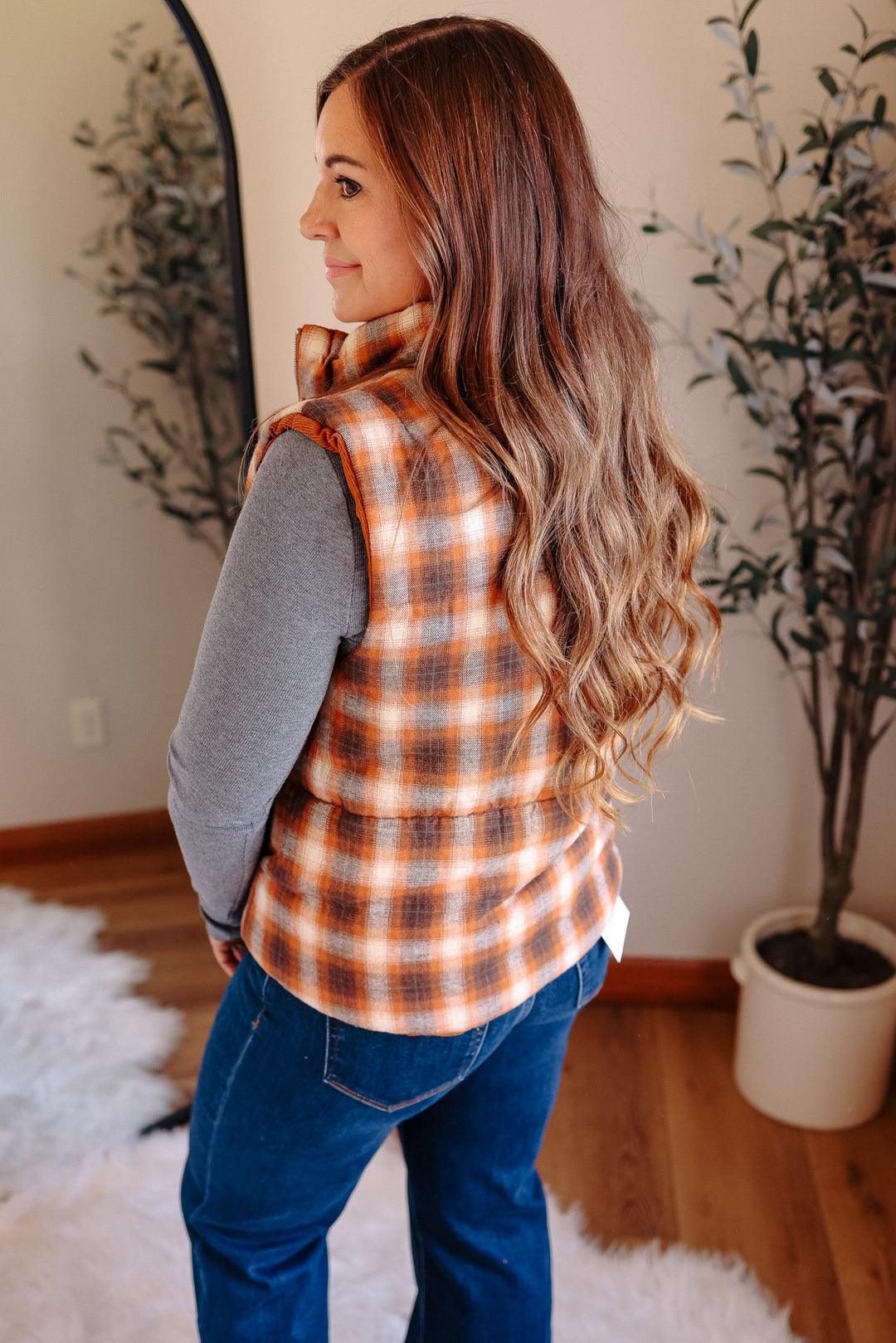 Essie Corduroy & Plaid Reversible Puffer Vest - Pumpkin